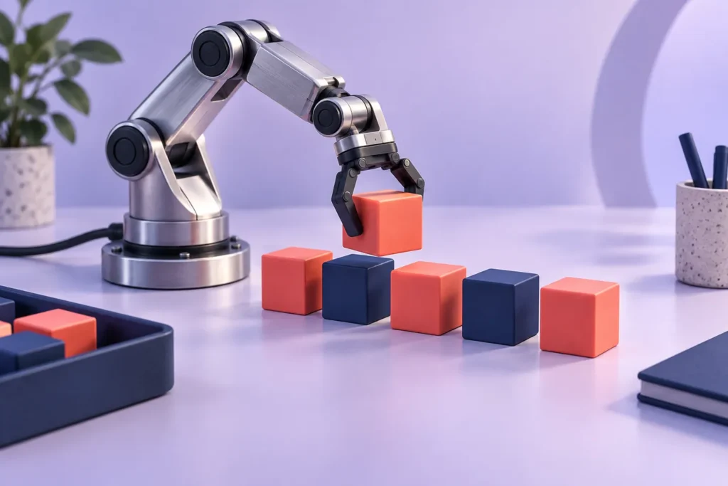 A mechanical arm arranging coloured blocks into an organised sequence.