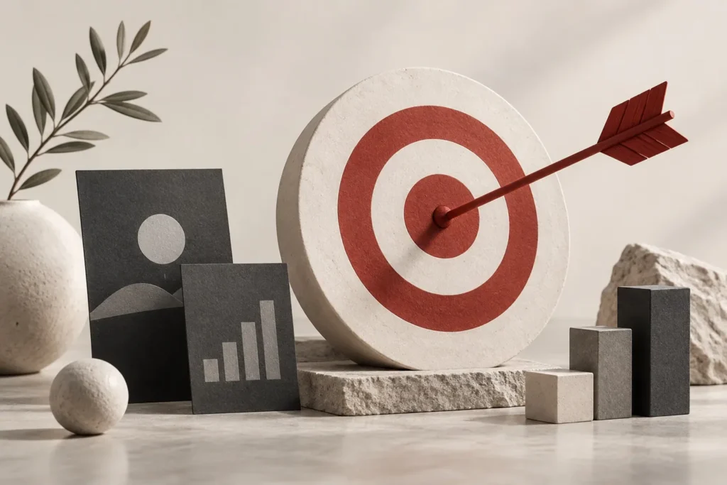 A target, arrow and planning blocks representing a focused marketing plan.