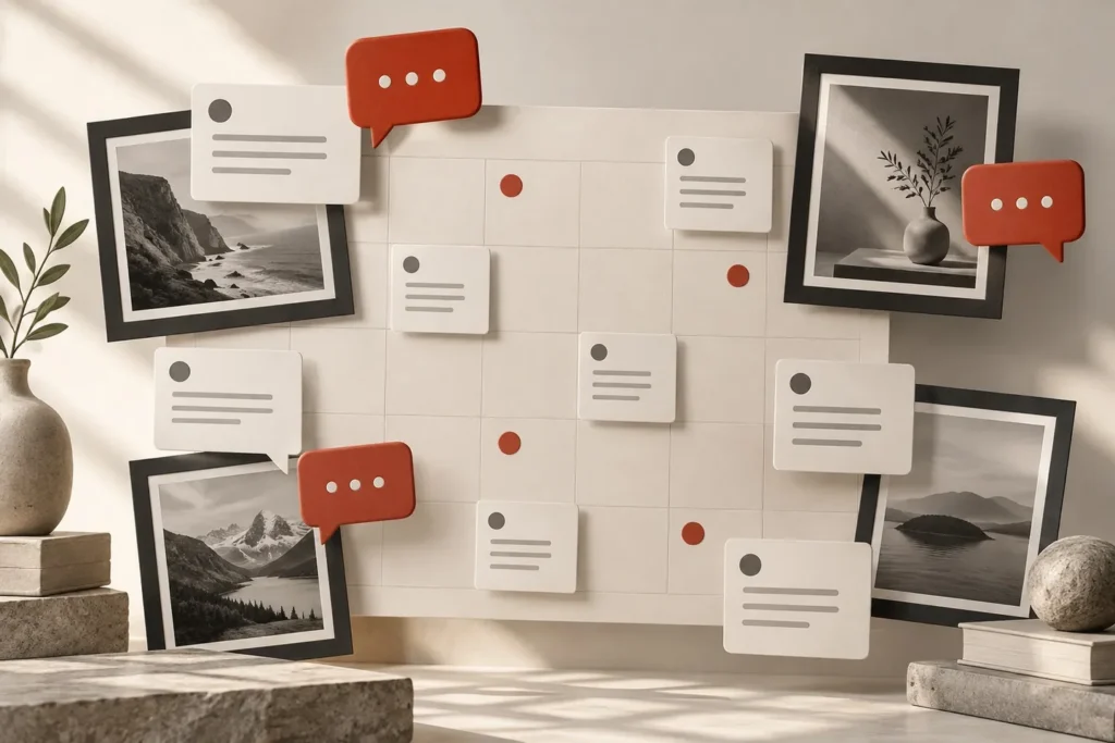 A network of conversation and content cards representing connected communication.